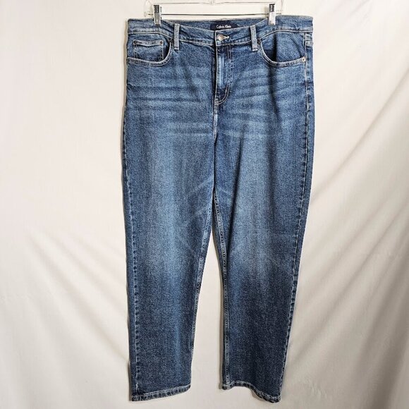 Women's CALVIN KLEIN Straight Leg Jeans Pants MEDIUM WASH BLUE size 16 High Rise - Picture 2 of 7